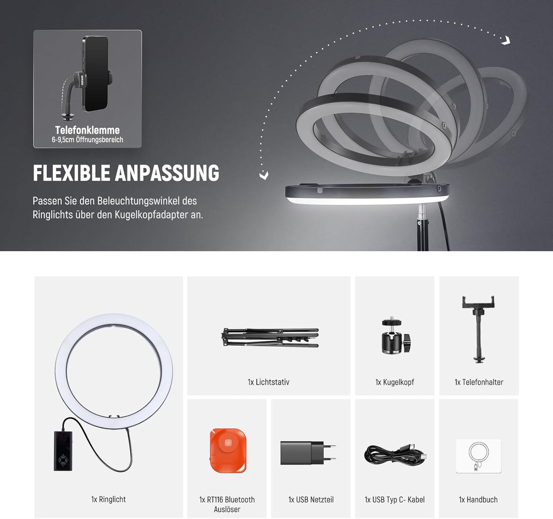 NEEWER RH12C 12" Ringlicht mit Stativ Kompatibel mit iPhone, 24W LED RGB Ring Light mit Handyhalter