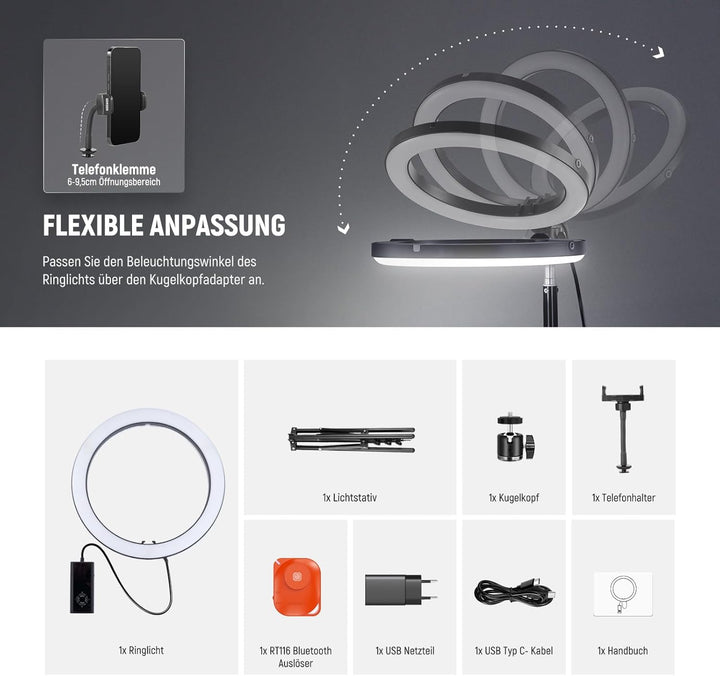 NEEWER RH12C 12" Ringlicht mit Stativ Kompatibel mit iPhone, 24W LED RGB Ring Light mit Handyhalter
