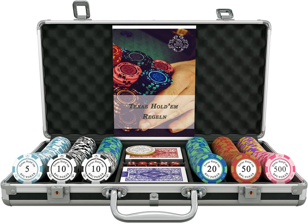 Bullets Playing Cards | Pokerkoffer „Carmela“ mit 300 Clay Pokerchips 14g | Pokerset mit Karten, Wür