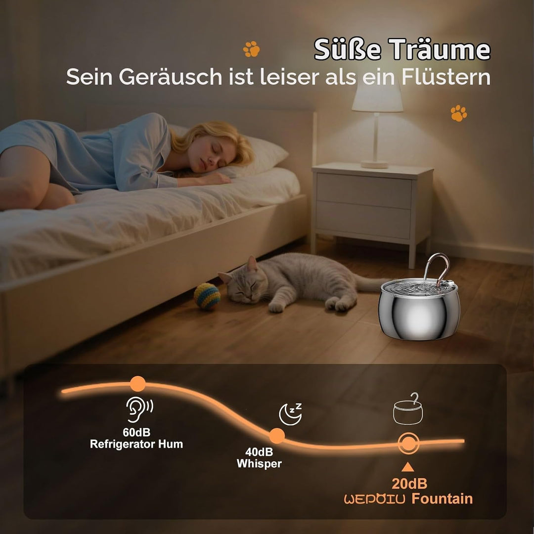 Katzenbrunnen Edelstahl, 2,5L/84oz Gänsehals Trinkbrunnen für Katze, Wasserbrunnen für Katzen mit 1