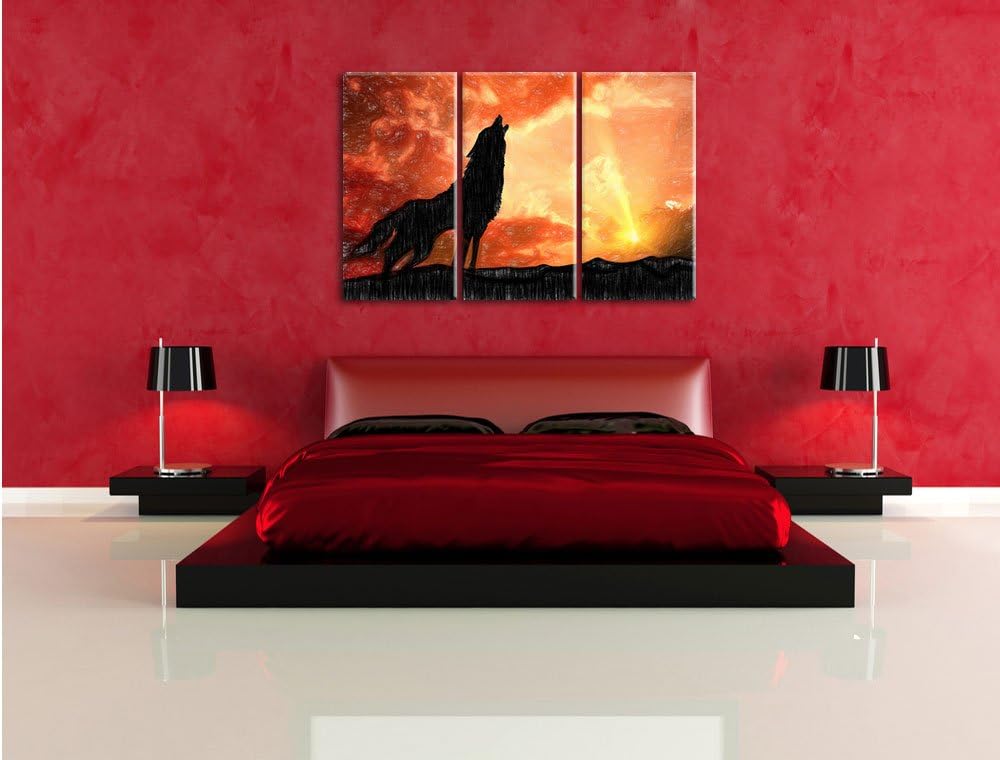 Pixxprint einsamer Wolf auf den Sonnenuntergang Heulen Kunst Buntstift Effekt 3-Teiler Leinwandbild