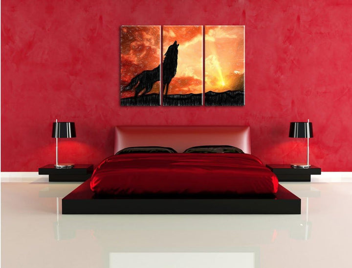 Pixxprint einsamer Wolf auf den Sonnenuntergang Heulen Kunst Buntstift Effekt 3-Teiler Leinwandbild