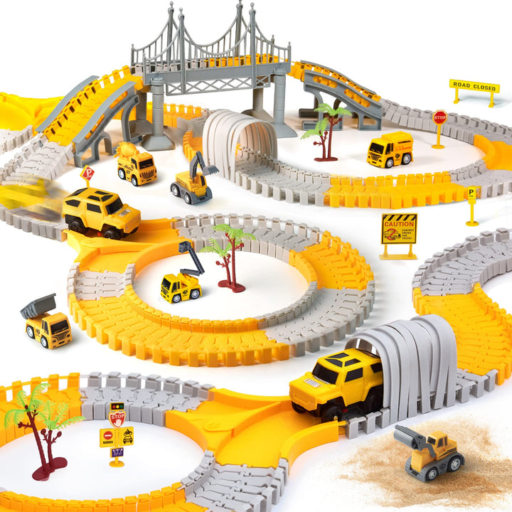 Autorennbahn für Kinder Mit 2 Elektroauto,Autorennbahn Rennbahn 6 Cars Bagger Spielzeug, Flexible Ca