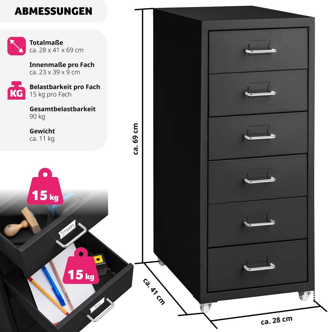 tectake® Metall Rollcontainer, Büromöbel für Schreibtisch, Büro Organizer mit 6 Schubladen, Schublad