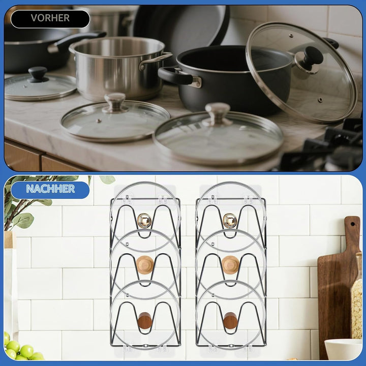 2 Pack Topfdeckel Organizer Rack, 6-Tier Topfdeckel Halter, keine Bohrung erforderlich, Sticks zu gl
