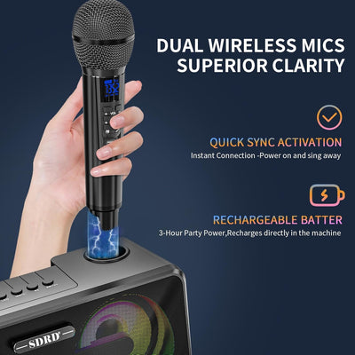 Karaoke Machine for Adults and Kids with 2 UHF Wireless Microphones, Portable Bluetooth Singing Spea