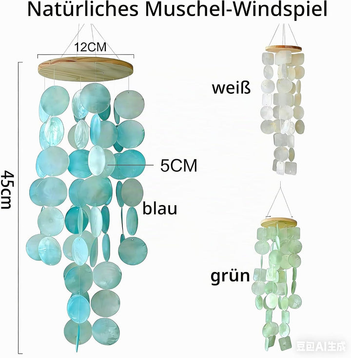 Muschel Windspiel aus echten Capiz Muscheln, Boho Deko Hängend für Balkon Garten Terrasse, 45 cm Win
