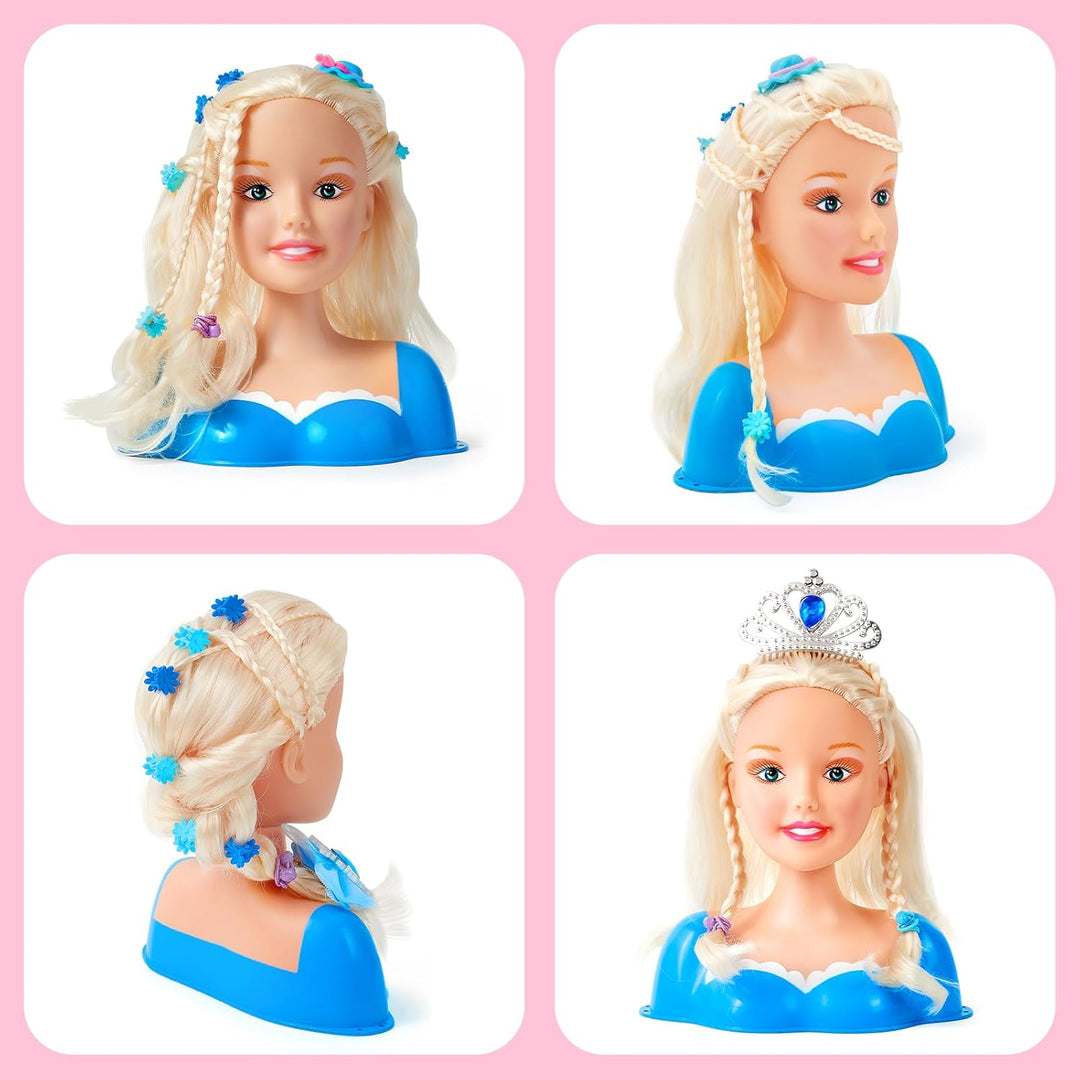 52PCS Schminkpuppe Frisierkopf Kinder Puppenkopf mit Krone Haartrockner Glätteisen Haarnadeln Schmin