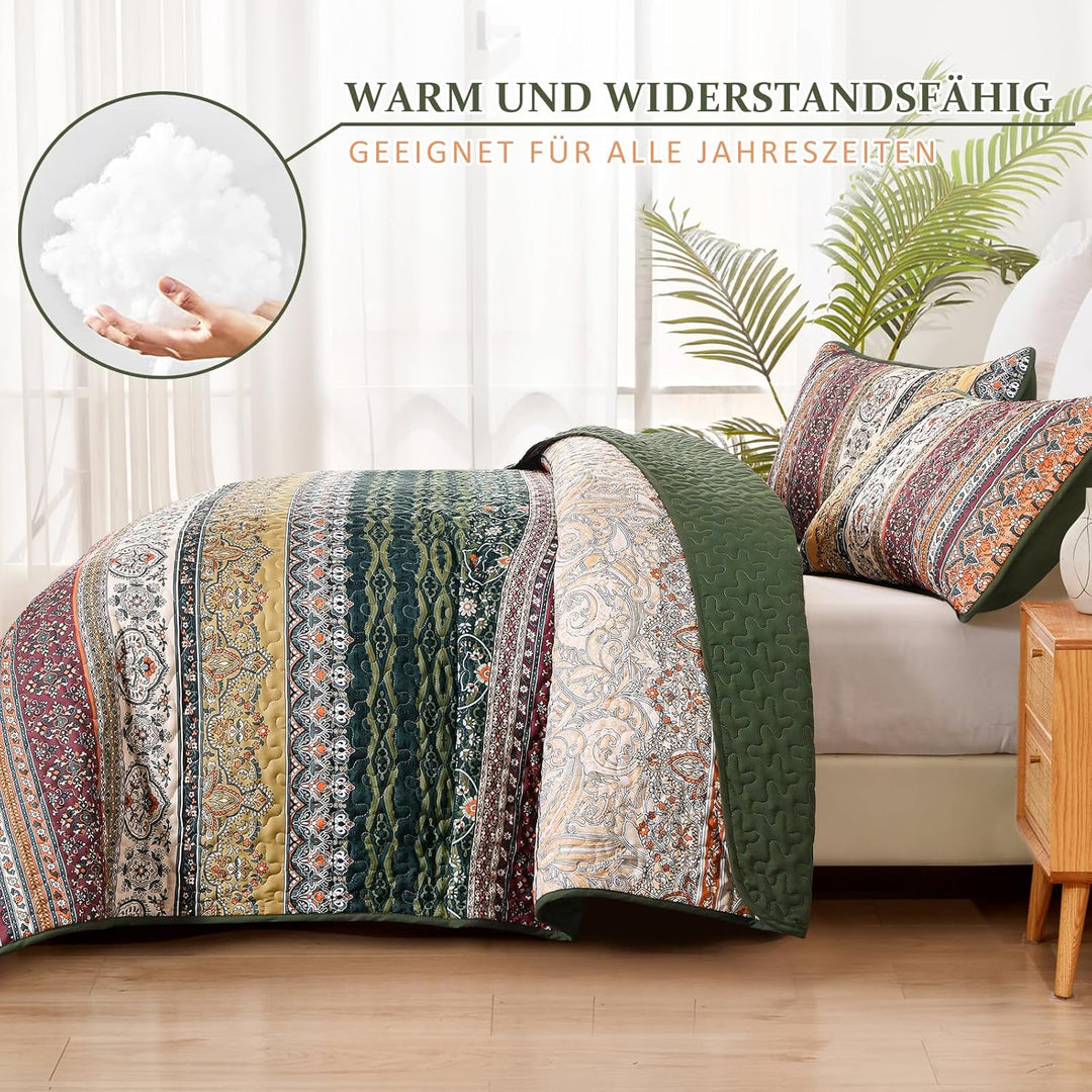 WONGS BEDDING Tagesdecke 220x240 Bettüberwurf Boho Decke Steppdecke 3 Teilig Doppelbett Gesteppt Bet