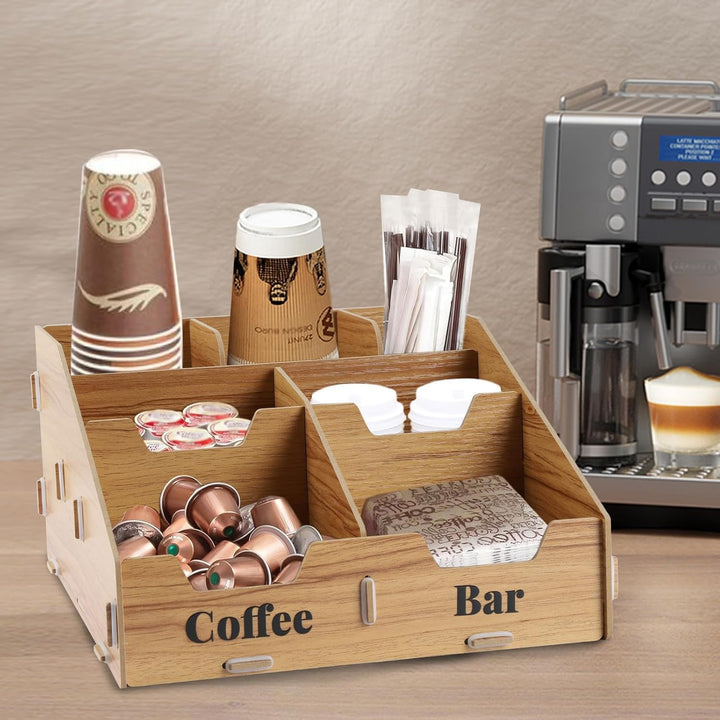 Kaffee Organizer Holz mit 7 Fächern & herausnehmbaren Trennwänden – Kaffeestation & Gewürz Organizer