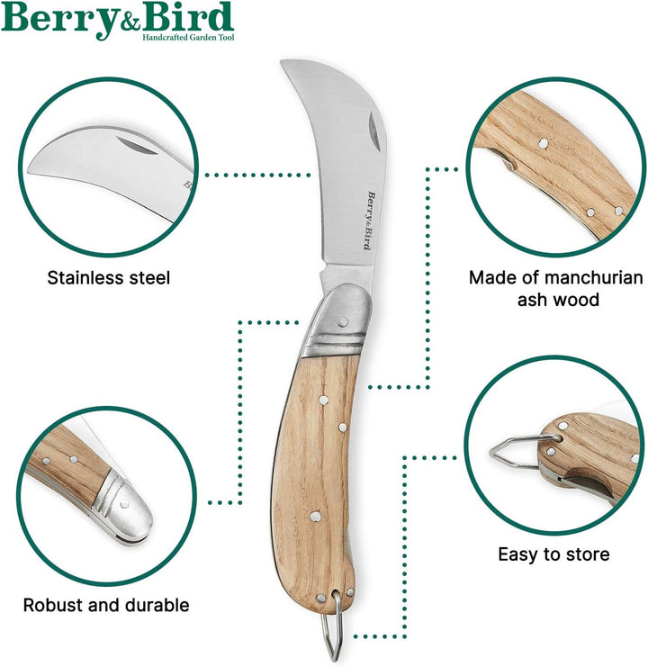 Berry&Bird Hawkbill Pruner Knife, klappbares Taschenmesser, Veredelungsmesser mit Edelstahlklinge, G