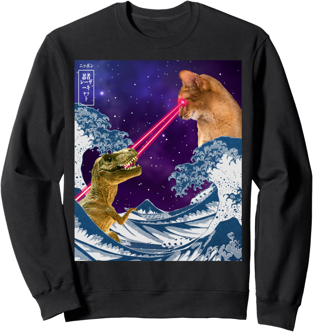 Japan Comic Great Wave Cat Vs Dinoaur T-Rex Otaku Manga Sweatshirt