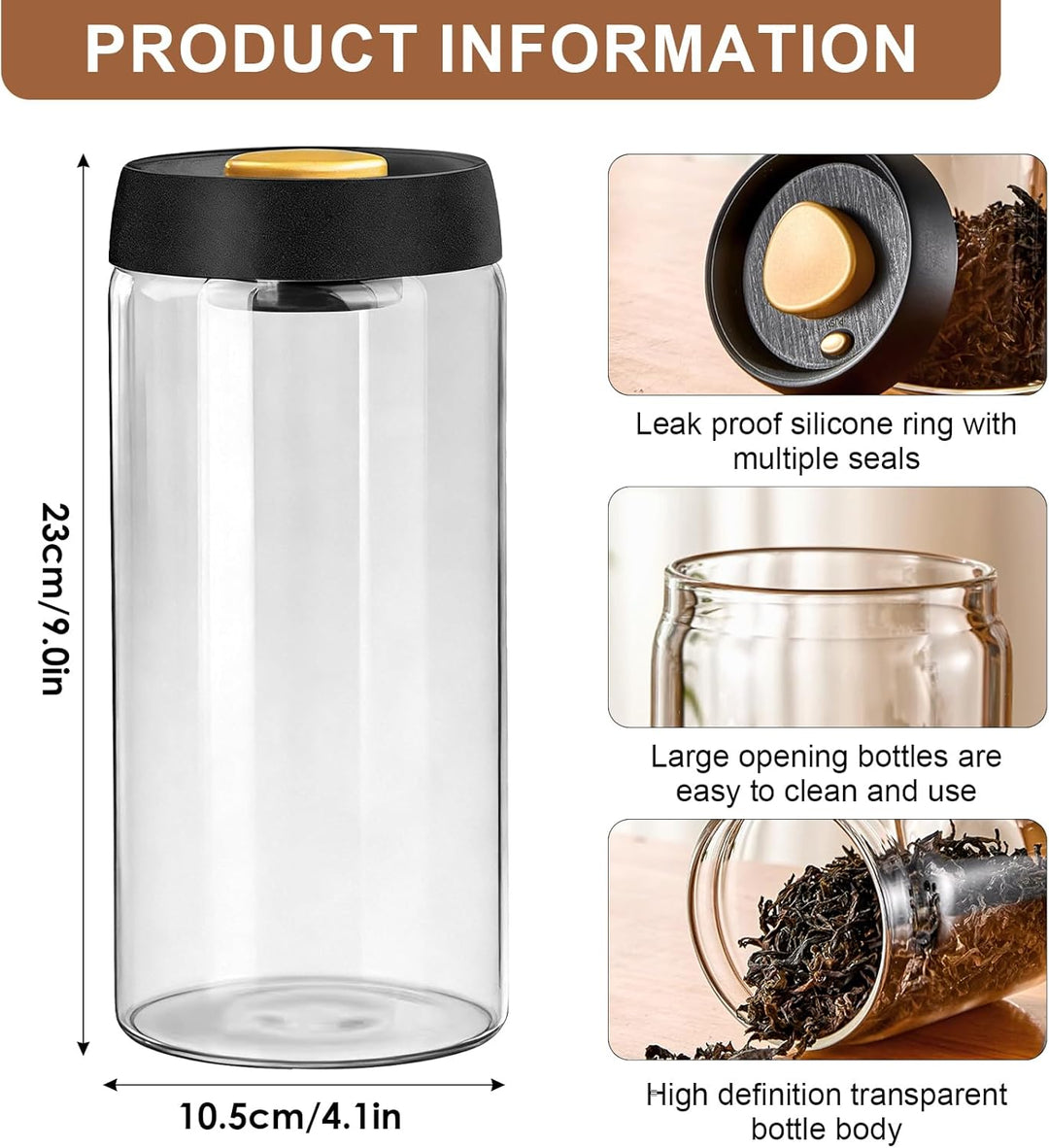 Vakuum-Kaffeedose 1800 ml, Kaffeedose Luftdicht aus Glas, Kaffeebohnenbehalter mit Vakuum Deckel, Au