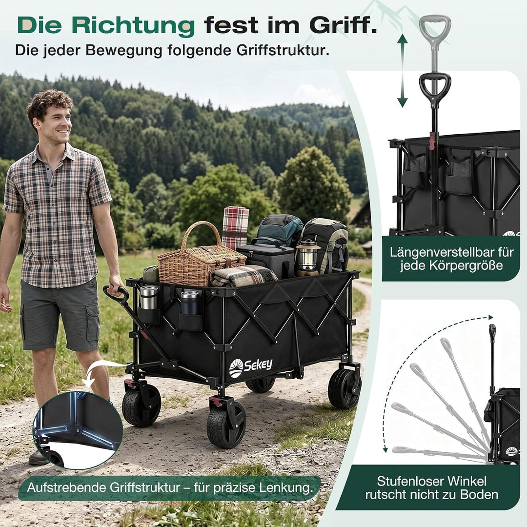 Sekey XXL Plus Bollerwagen Faltbar mit Bremsen 200L 200KG Belastbar, Extra Breite Reifen All Terrain