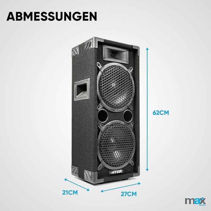 MAX MAX28 Passive PA Lautsprecher, 800 Watt Partybox mit Griffe, 2 x 8 Zoll Doppel-Tieftöner, Passiv