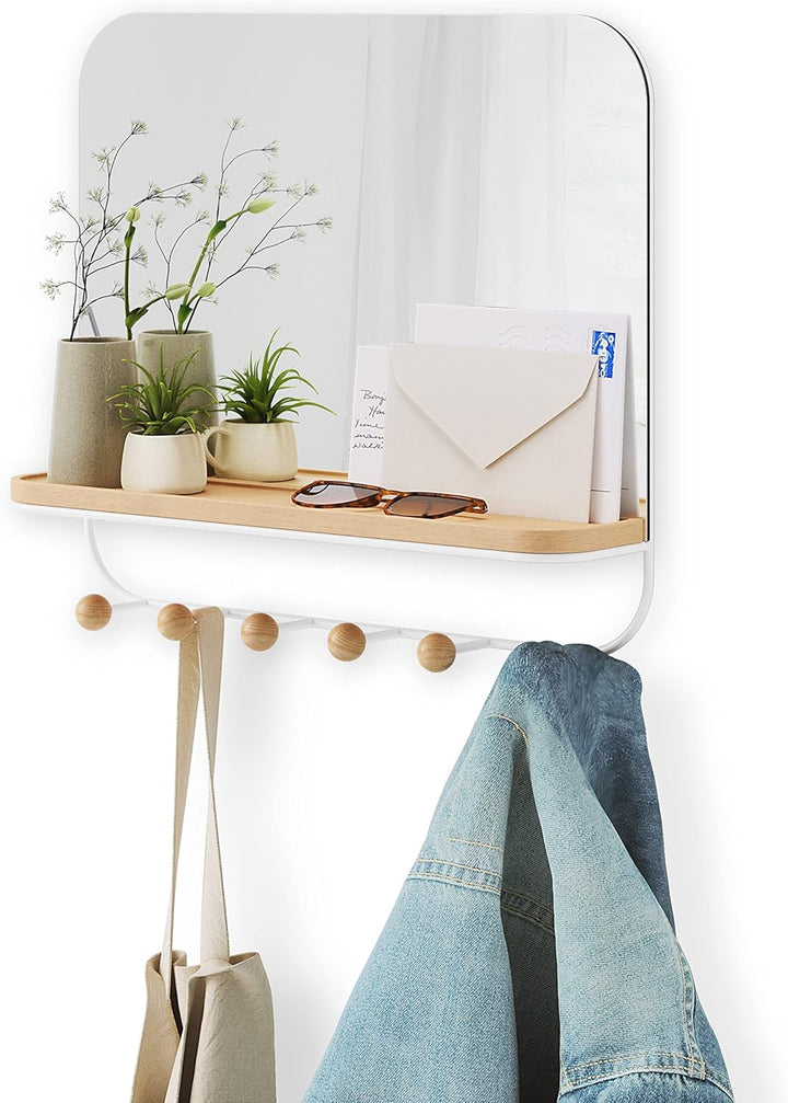 Umbra Estique Wandspiegel mit Ablage und 6 Haken, Accessoire Organizer für den Eingang, Weiss Weiss