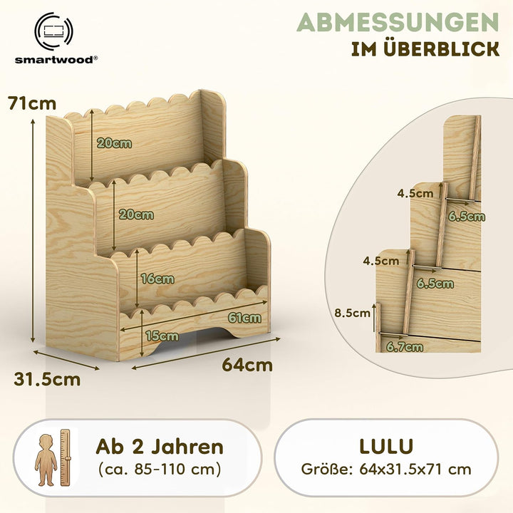 smartwood Montessori Bücherregal Kinder, FSC-Kiefernholz, Rosa, LULU | 3-stufig, 64x31,5x71 cm, Einf