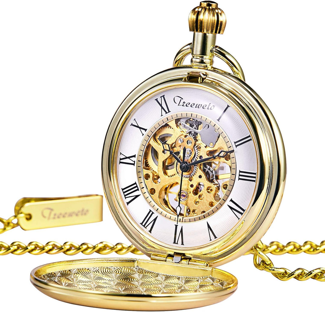 TREEWETO Unisex Taschenuhr mit Kette Analog Handaufzug Skelett Hochglanz Poliert Gold