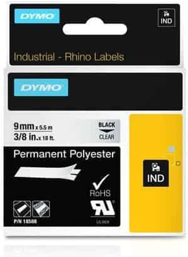 Dymo Rhino Band Industrie Polyesteretiketten, 9 mm x 5.5 m, schwarz/transparent schwarz auf transpar