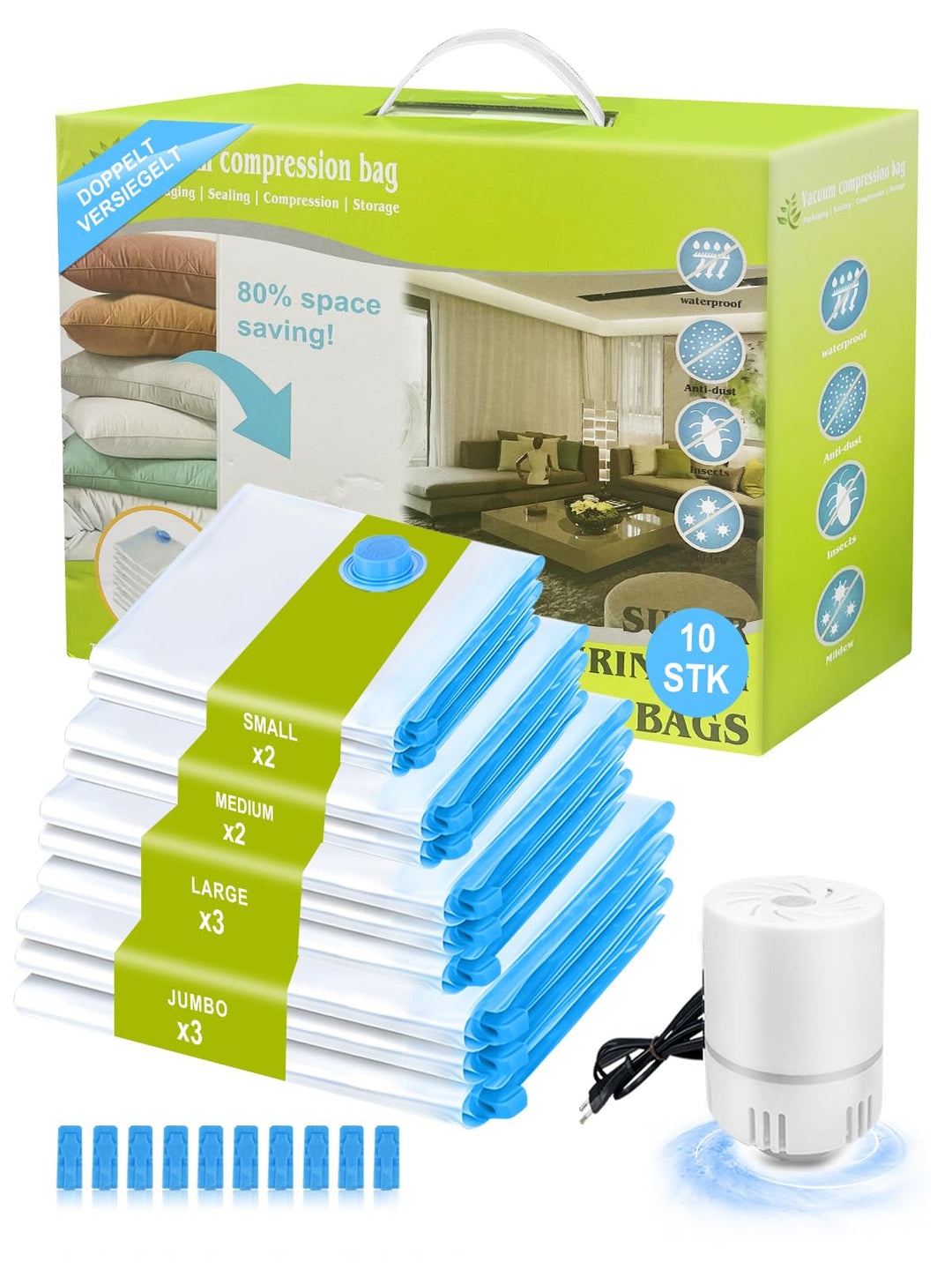 Vakuumbeutel für Kleidung mit Elektrischer Luftpumpe, 10 Stück (3 Jumbo 100x80cm &3 Gross 80x60cm &2