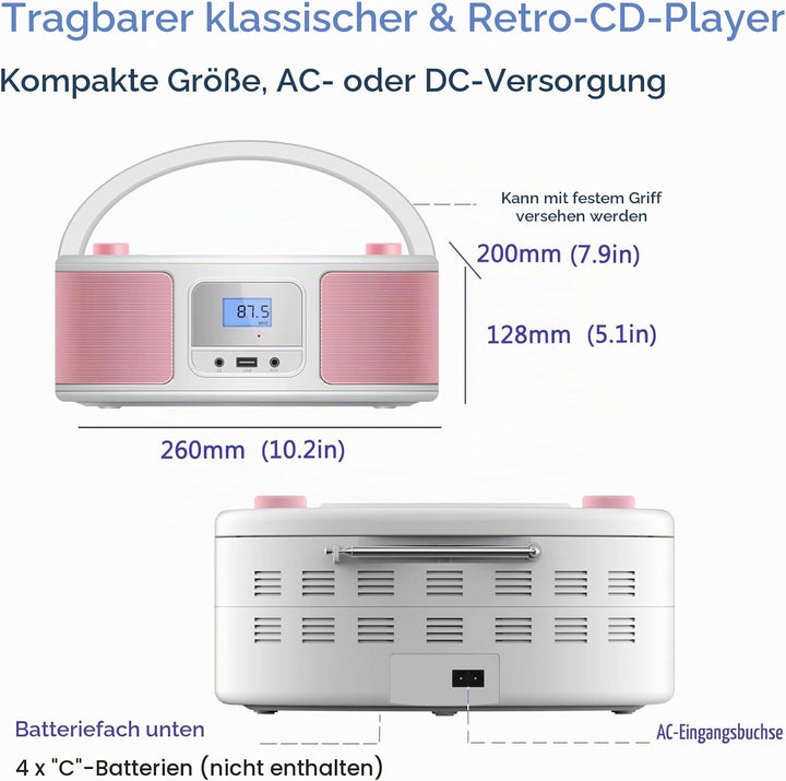 Tragbarer CD-Player Boombox mit Bluetooth | Fernsteuerung | FM-Radio | USB | MP3-Wiedergabe | Kompat