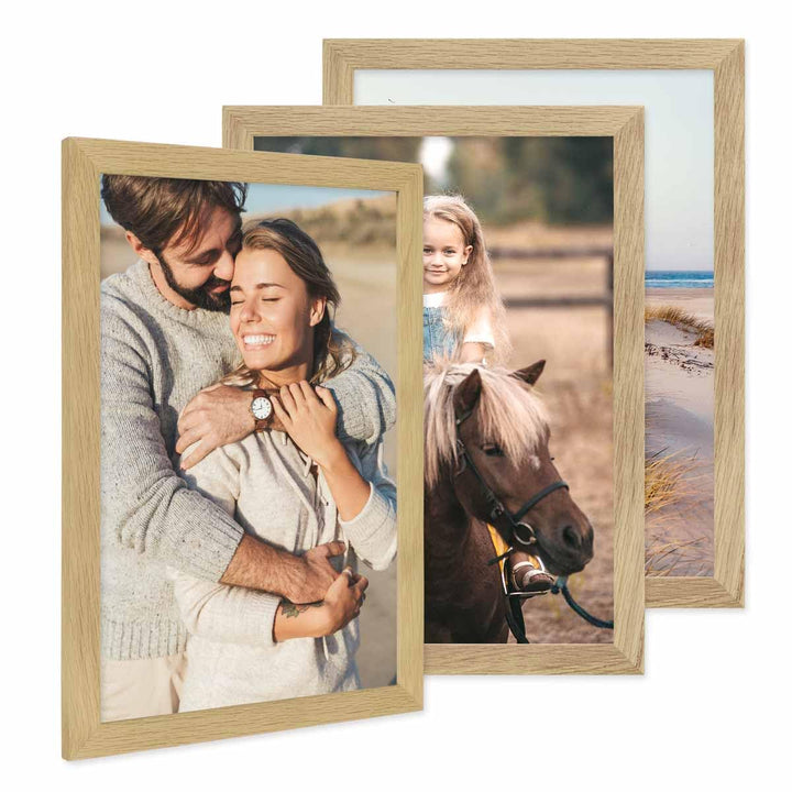 PHOTOLINI Bilderrahmen A3 30x42 cm Eiche Massivholz, breite Rahmen, 3er Set, modern, bruchsicheres A