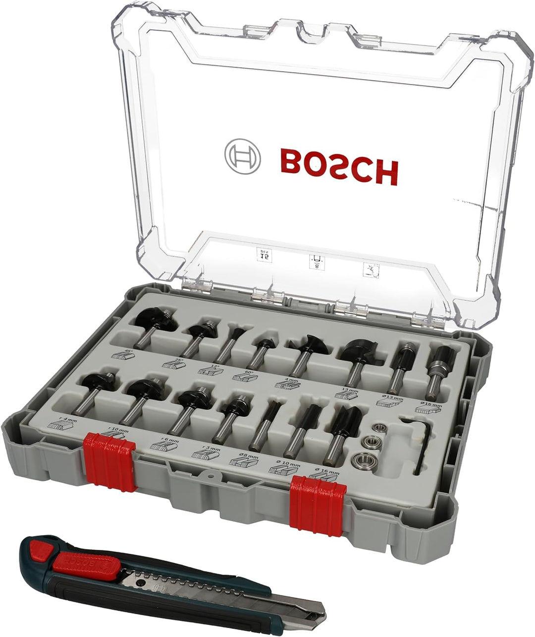 Bosch Professional 15tlg. Fräser Set mit Cuttermesser (für Holz, Ø 8 mm Schaft, Zubehör Oberfräse)