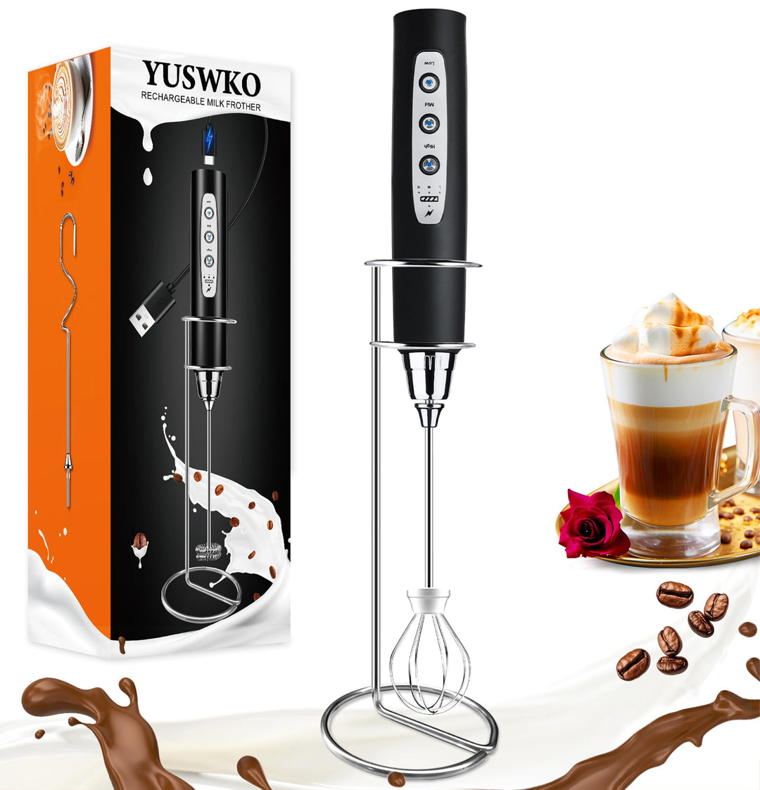 YUSWKO Milchaufschäumer Stab für Kaffee mit Ständer, Usb Wiederaufladbarer Aufschäumer, 3 Schneebese