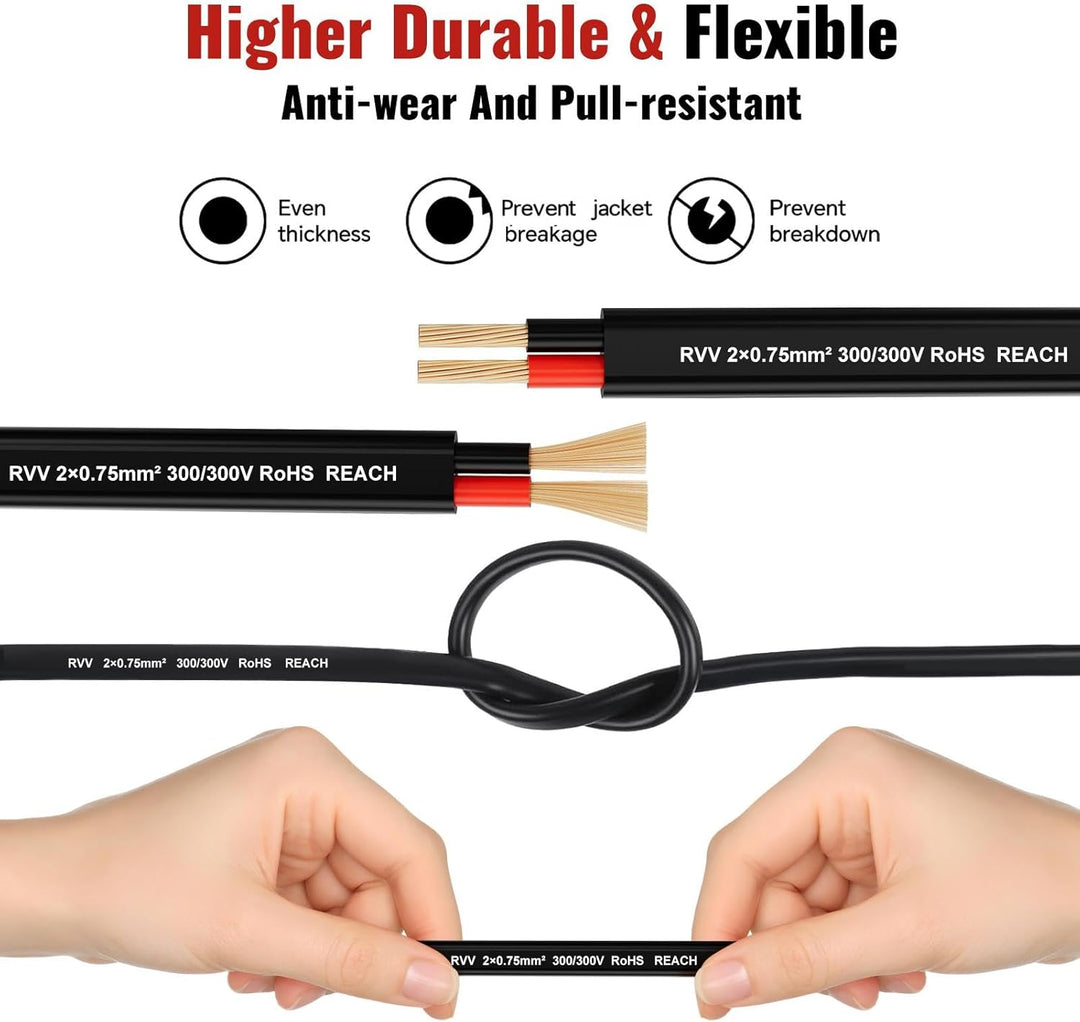 20M Fahrzeugleitung 2x0,75mm² Flachkabel, 12V 24V 2 Adriges Anhängerkabel, 2 Adriges Elektrokabel FL