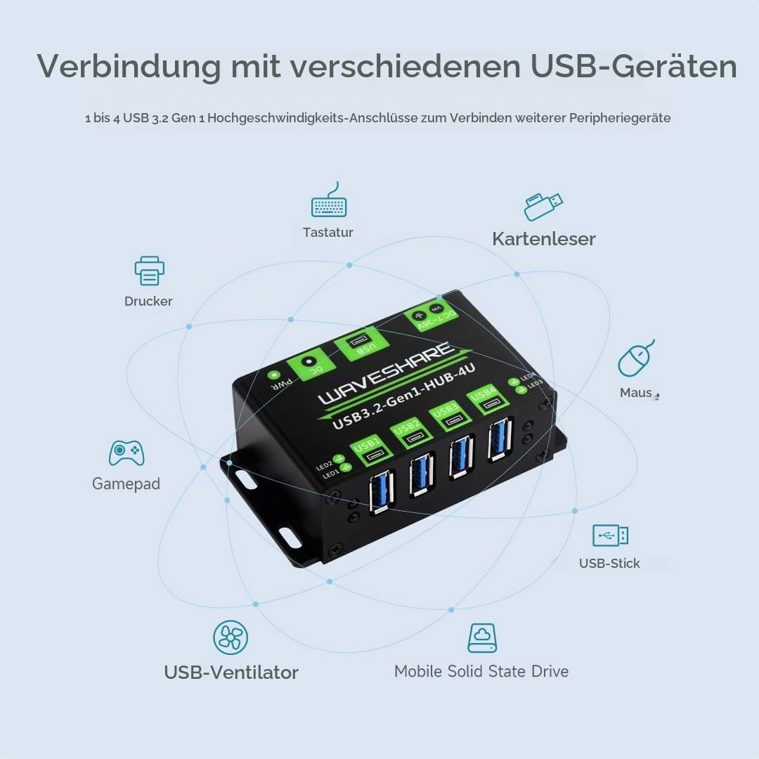 Waveshare 4-Ch USB 3.2 Gen1 HUB, Metal Case with Wall-Mount Support, Driver-Free, Plug-and-Play, Com