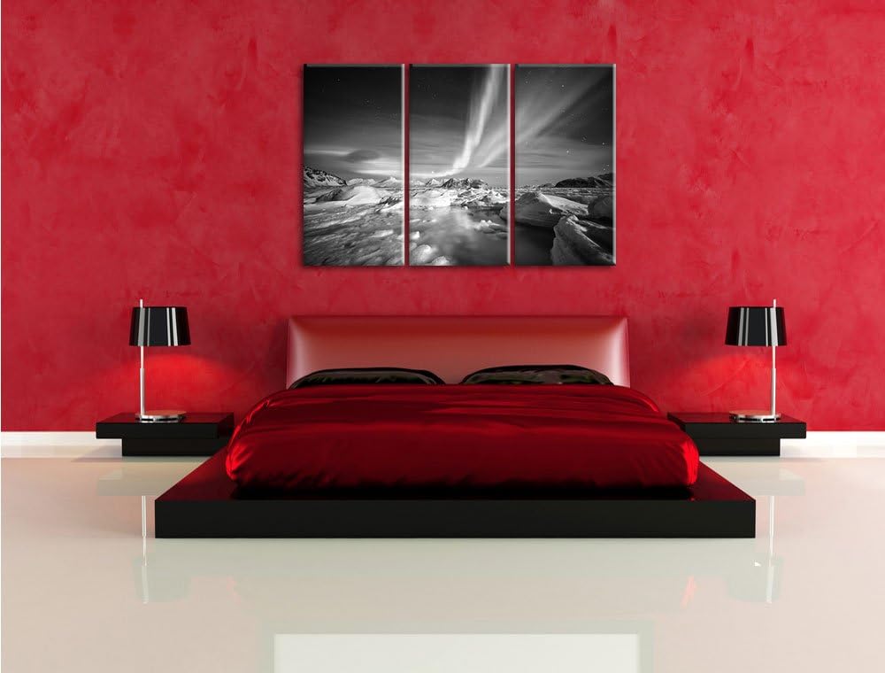 Pixxprint gewaltiges Polarlicht Kunst B&W / 3-Teilig/Gesamtmass 120cm Leinwandbild bespannt auf Holz