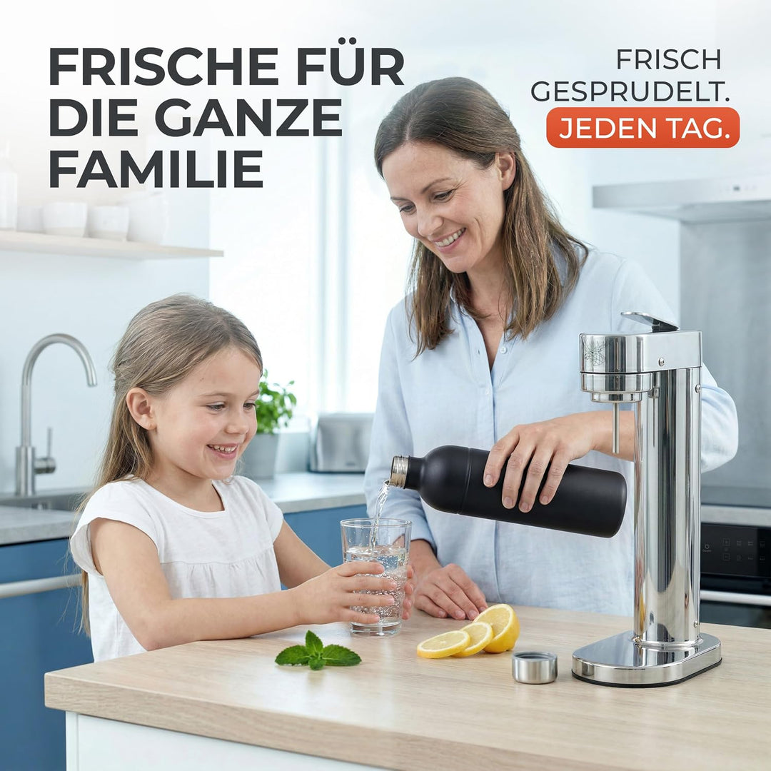 Luckymoose Infinity-S Wassersprudler aus hochwertigem Edelstahl (Silver/Black) – inkl. 2x 1,25L Edel