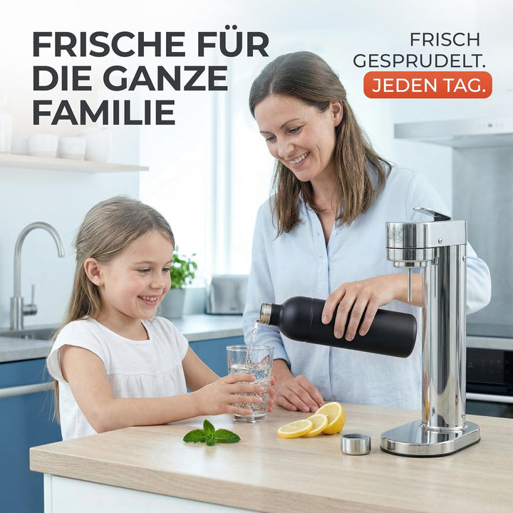 Luckymoose Infinity-S Wassersprudler aus hochwertigem Edelstahl (Silver/Black) – inkl. 2x 1,25L Edel