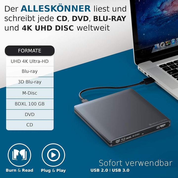 techPulse120 portables USB 3.0 4K UHD 3D M-Disc BDXL HDR10 Laufwerk Blu-ray Brenner Burner Superdriv