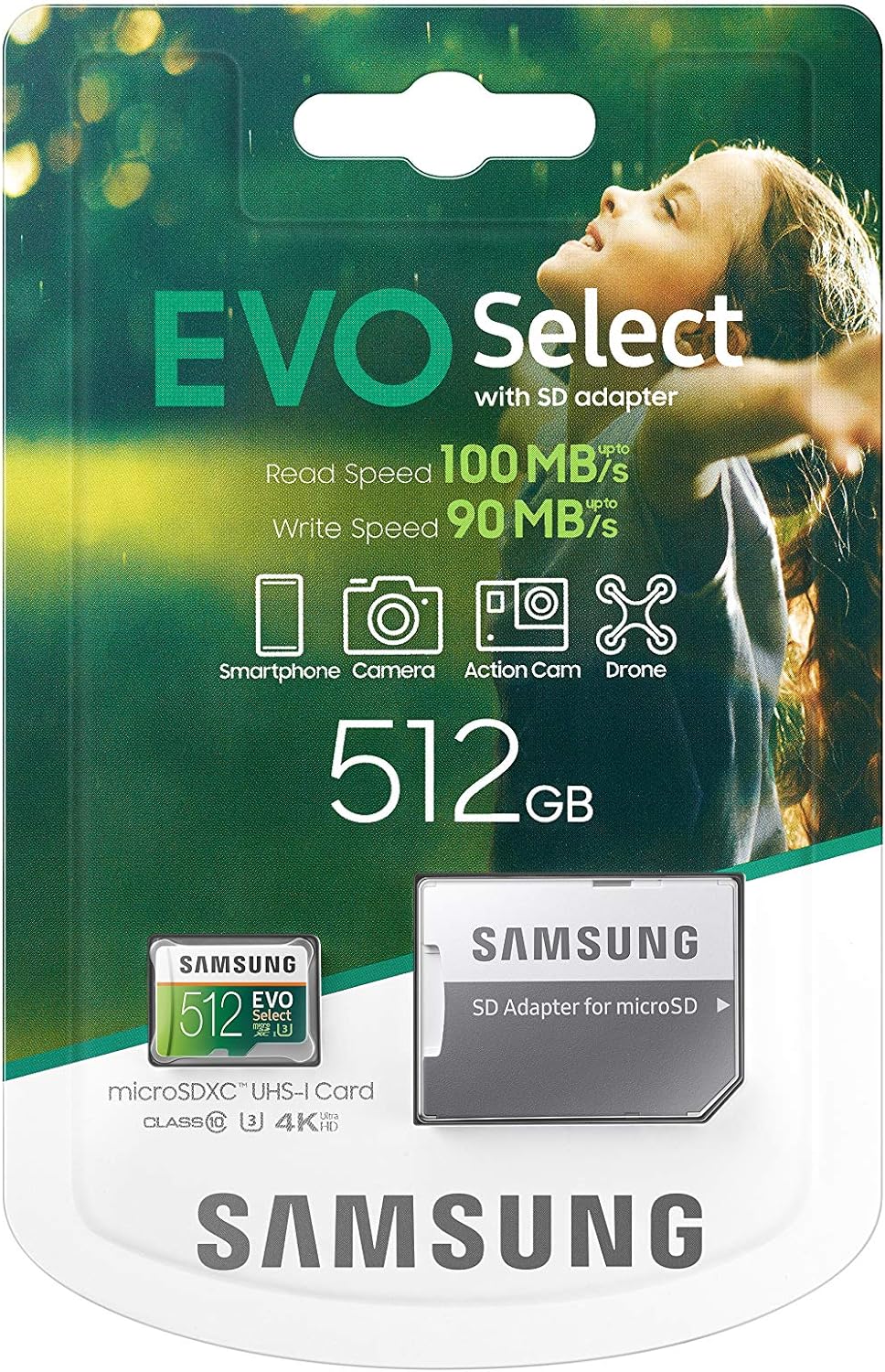 Samsung EVO Select microSD-Karte, 512 GB, 100 MB/s und 90 MB/s, Speicherkarte für Full HD & 4K UHD,