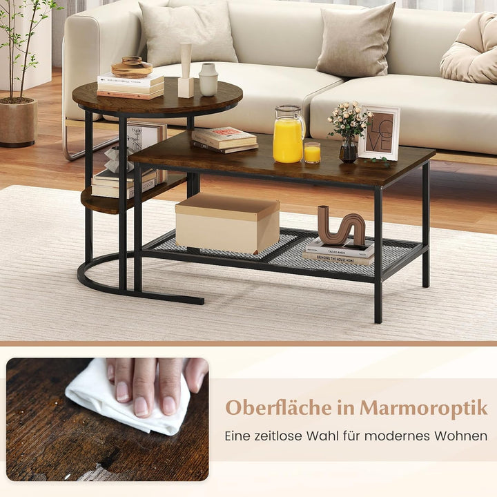 COSTWAY 2er Set Couchtisch, Beistelltisch Marmor Optik mit Metallrahmen & Ablage, Kaffeetisch Wohnzi