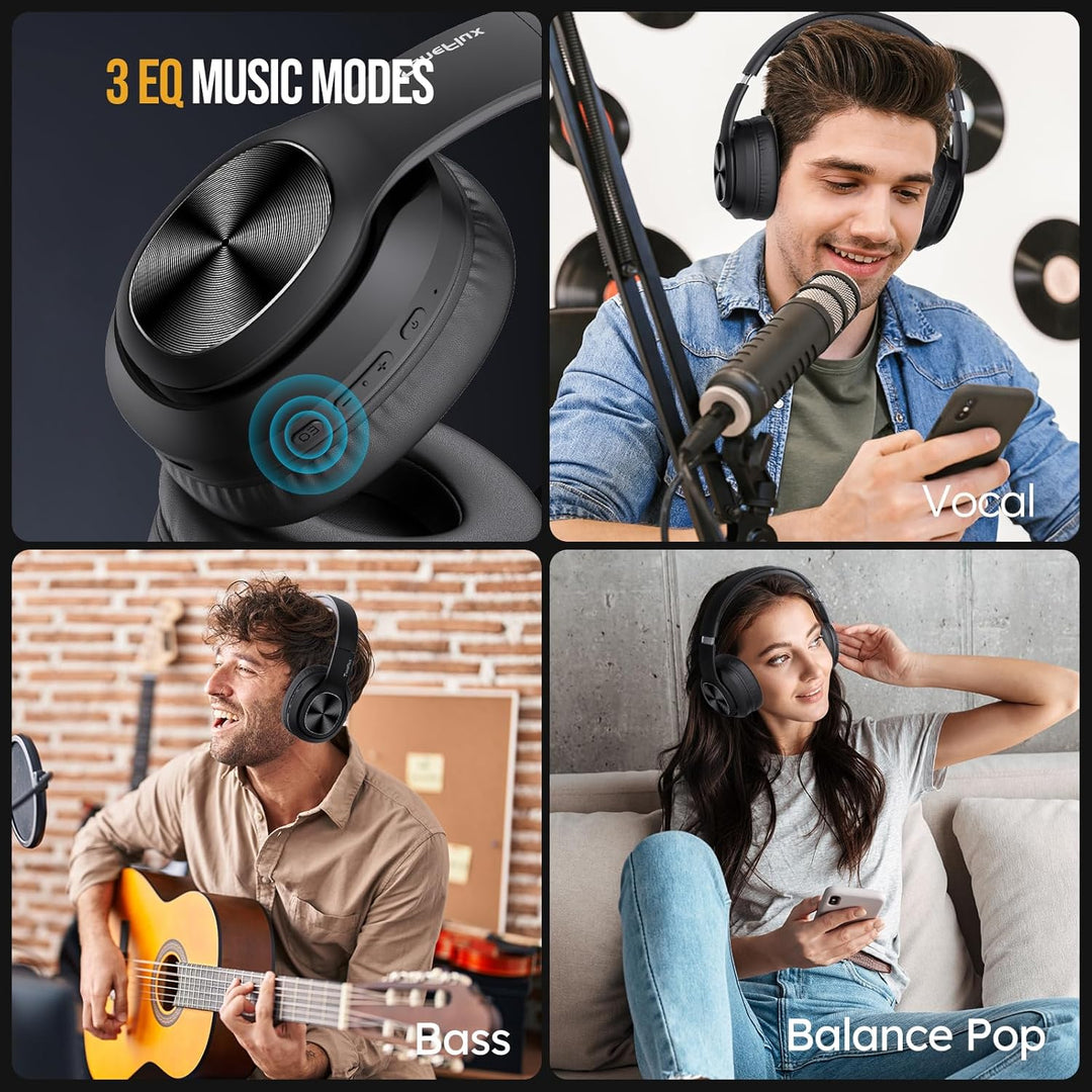 TuneFlux Bluetooth Kopfhörer Over Ear, 80 Std Akkulaufzeit, Kabellos Bluetooth Kopfhörer mit 3 EQ-Mo