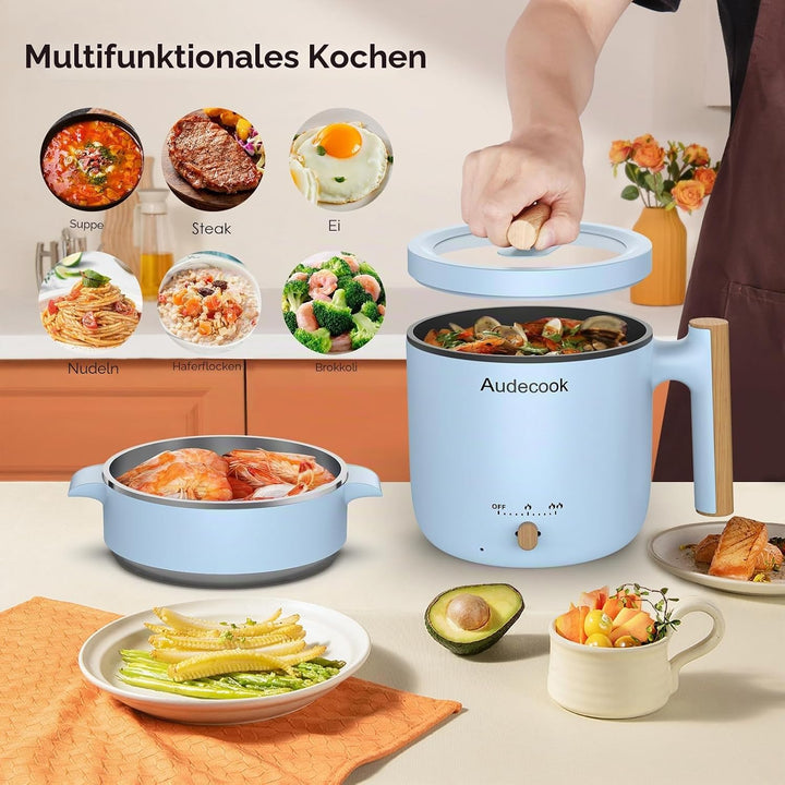 Audecook Elektrischer Dampfkocher, tragbarer Mini-Reisekocher, 1,8 l, multifunktionale antihaftbesch