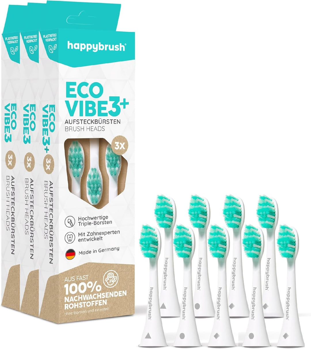 happybrush® Nachhaltige Aufsteckbürsten für elektrische Schall-Zahnbürste Eco VIBE 3 - Weiss/Mint -