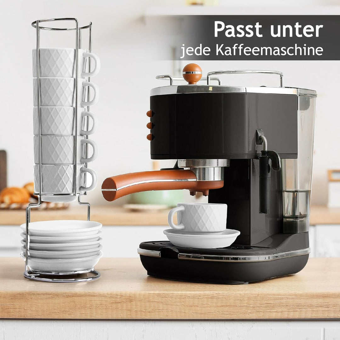 MIAMIO – 6 x 75 ml Espresso Tassen/Espressotassen Set mit Ständer Steingut Keramik - Palmanova Kolle