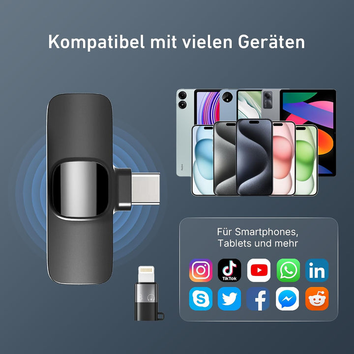 YRF Mikrofon für iPhone Android Handy, Kabelloses Lavalier Mikrofon-Schwarz, Schwarz