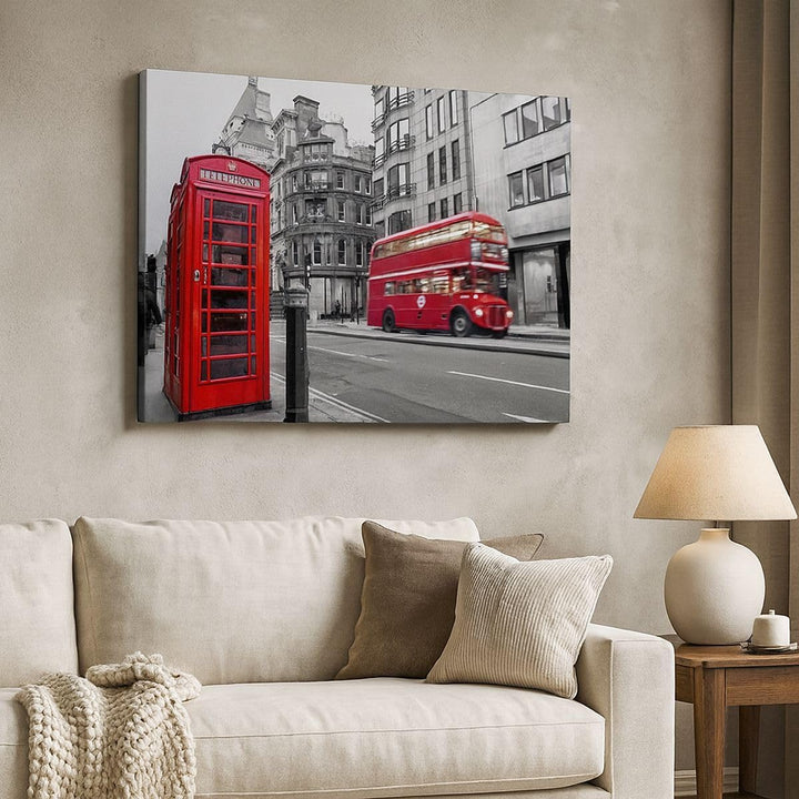 Bilder auf Leinwand Bus Telefon Strasse Leinwandbild mit Rahmen 70x50cm Wandbilder Dekoration Wohnzi