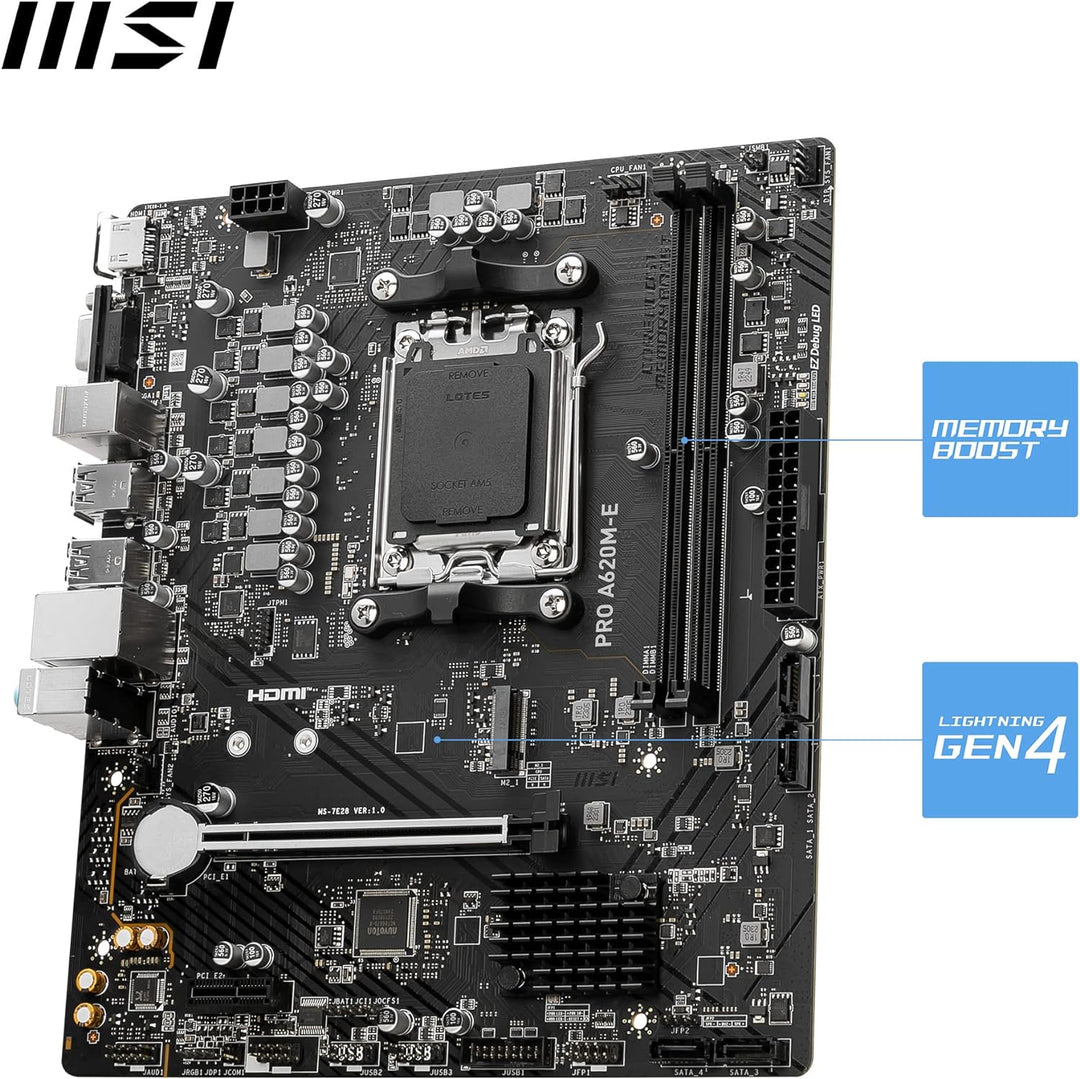 MSI PRO A620M-E Mainboard Micro-ATX - Unterstützt AMD Ryzen 7000 Series Prozessoren, AM5 - DDR5 Memo