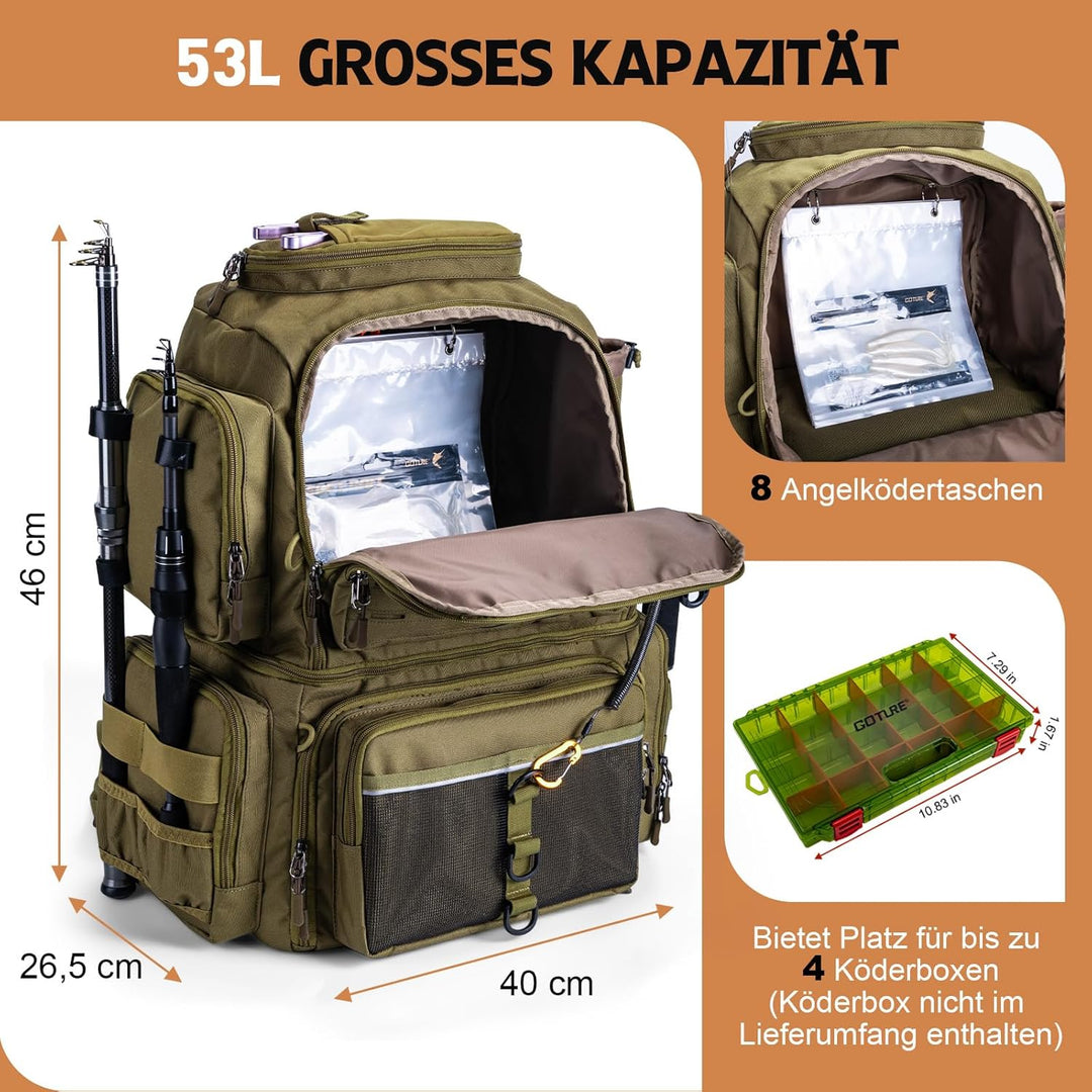 Goture Doppelstöckiger Angelrucksack – 53L wasserdichte Angelgerätetasche mit Exklusivem Fachkonzept