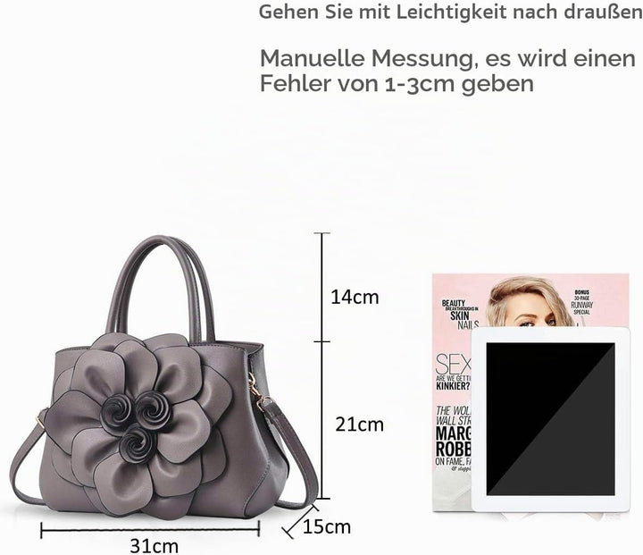 NICOLE &amp; DORIS Modische Damen-Umhängetasche, Handtasche, Umhängetasche, Blumenmotiv Grau, Grau
