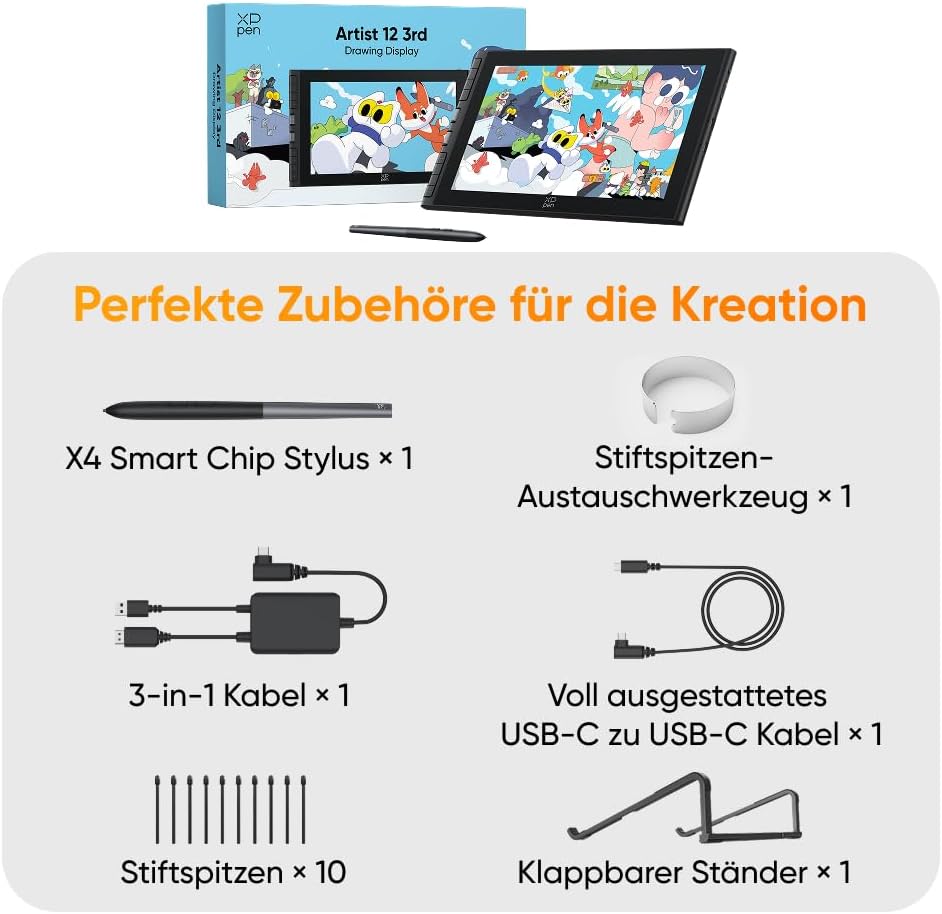 XPPen Artist 12 3rd Zeichentablet mit 11,9 Zoll Display Schwarz | X4 Smart Chip Stift, 16384 Druckst