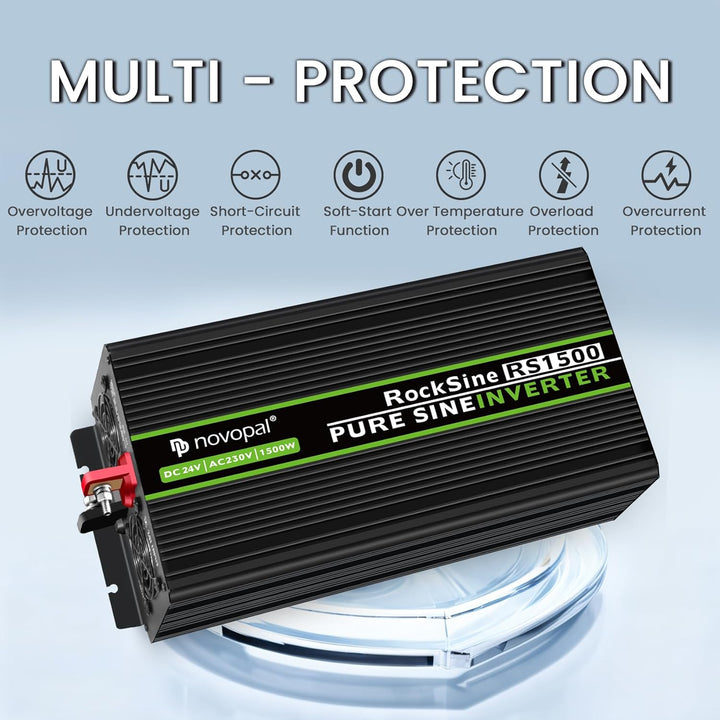 NOVOPAL 1500W Wechselrichter 24V auf 230V Reiner Sinus Spannungswandler mit LiFePO4 Power Inverter m
