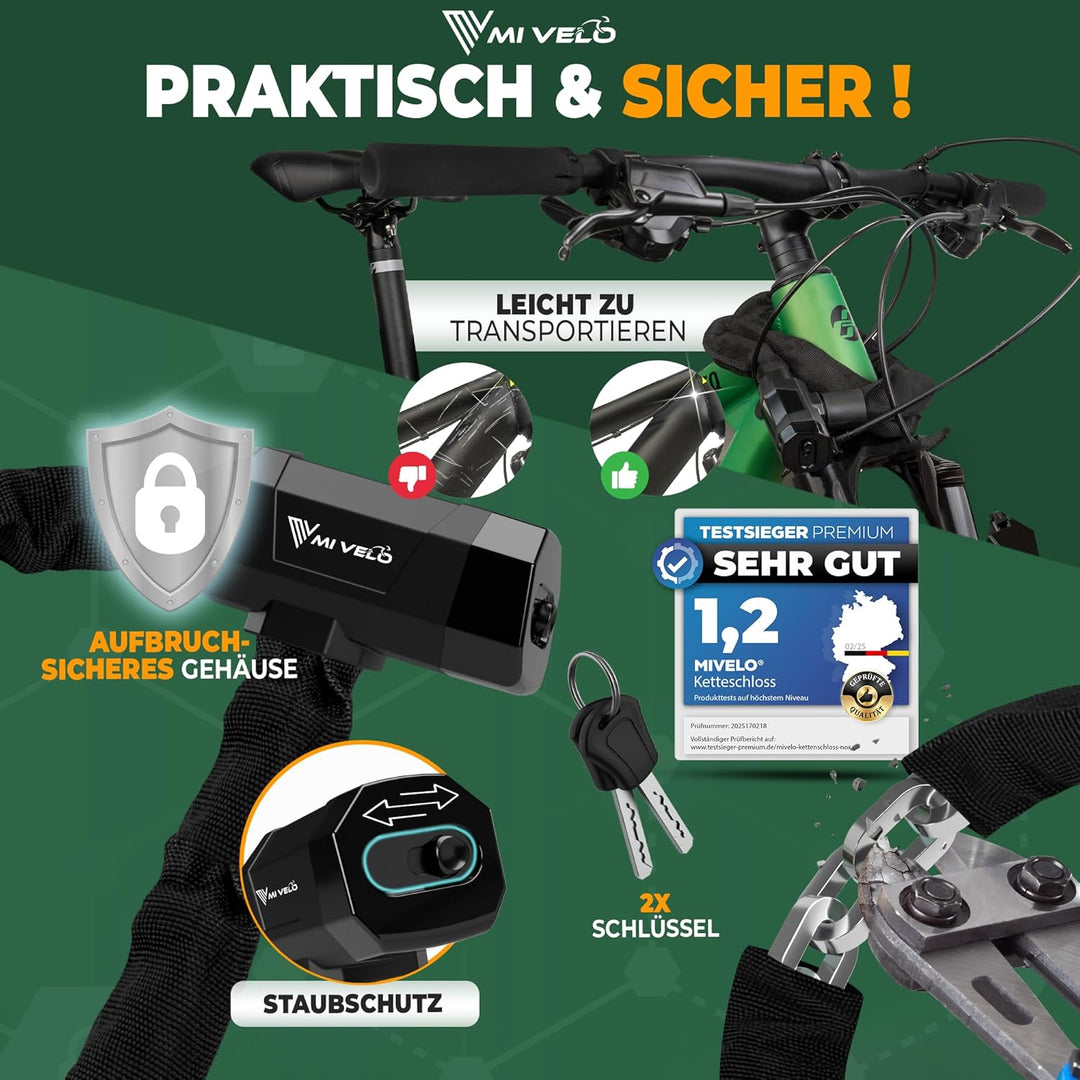MIVELO Fahrradschloss Kettenschloss hohe Sicherheit - Schloss Fahrrad mit 6mm Vierkant-Kette I Radsc