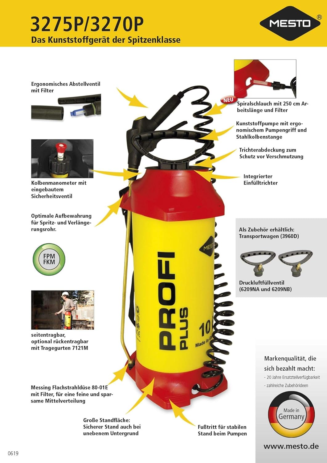 Mesto Profi Plus Drucksprüher (Füllinhalt 10l; 3 bar; Kunststoff; seitentragbar; standfest; mit Spir