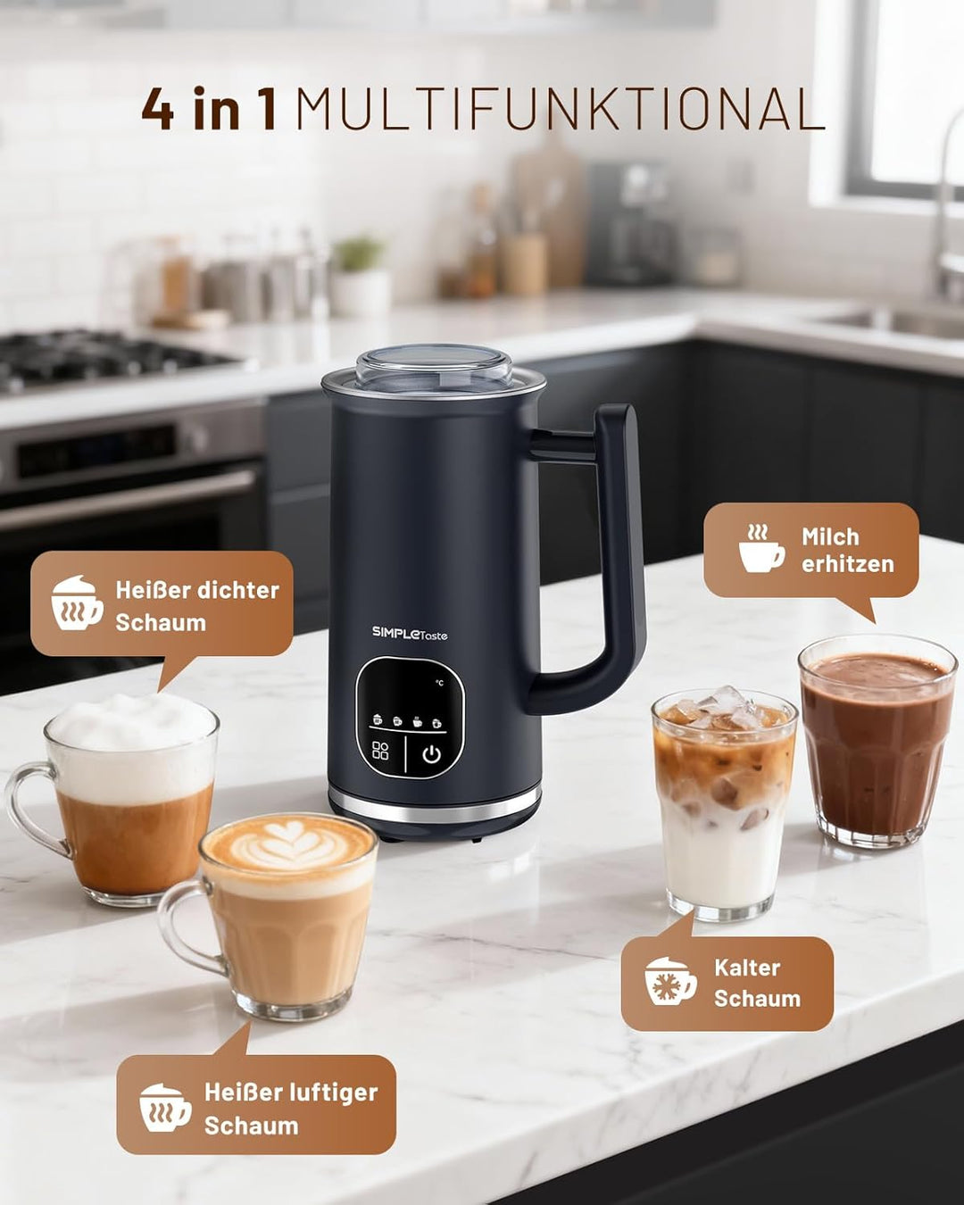 SIMPLETASTE Milchaufschäumer Elektrisch 4-in-1, Heisser & kalter Milchschaum, Milch erwärmen & Kakao